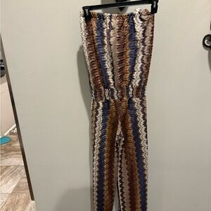 Karina Grimaldi Brown and Blue Jumpsuit with Wide-Leg Silhouette